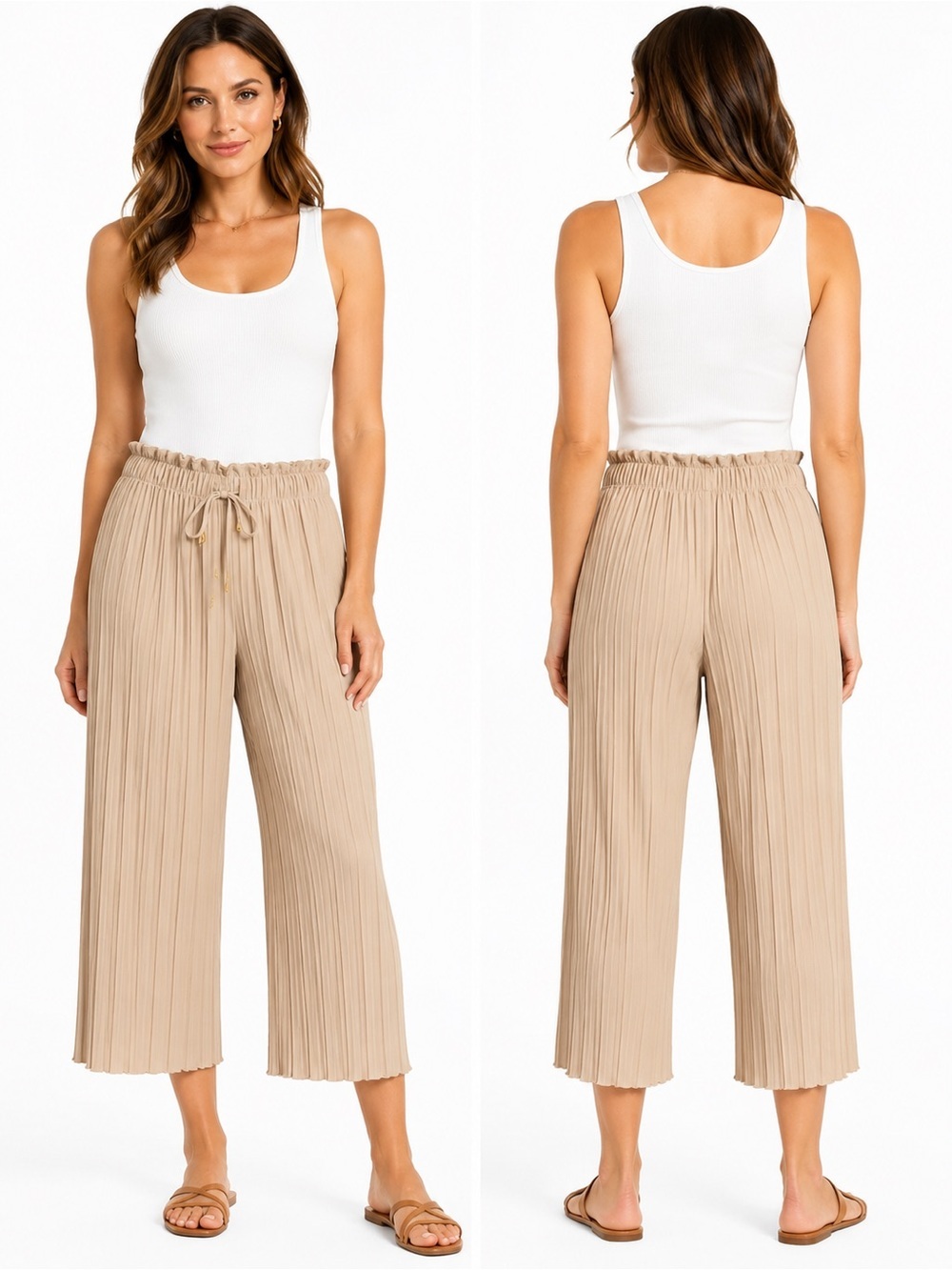 Capris Pants Pleated Wide-Leg in Beige Size M